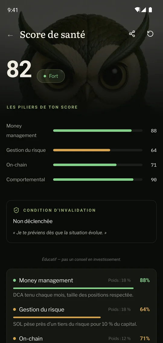 Écran Metena « Score de santé » : 82, piliers de la stratégie, condition d’invalidation non déclenchée.